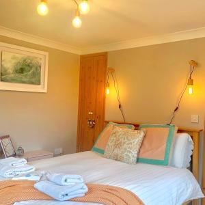 Un dormitorio con una cama con toallas. en Cysgod Bach Cottage, en Bala
