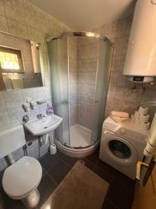 a bathroom with a shower and a toilet and a sink at Vila sa bazenom Lily in Konjic +21 photos