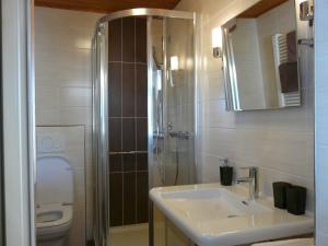 een badkamer met een wastafel, een douche en een toilet bij Landhaus Meine Auszeit in Bodenmais
