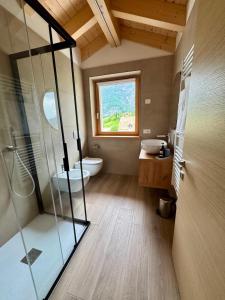a bathroom with a glass shower and a toilet at Mountain Lodge in San Lorenzo in Banale +43 photos