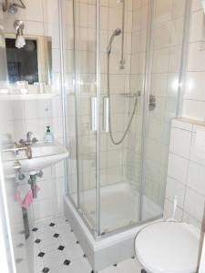 a bathroom with a shower and a toilet and a sink at Kata in Nin +13 photos