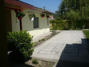 uma casa com vasos de plantas ao lado em Málnás Szállás em Dunavarsány