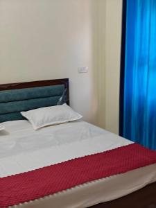 a bedroom with a bed with a blue curtain at Padmalay Hotel and Restaurant in Rudraprayāg