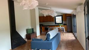 a living room with a blue couch and a kitchen at La falsa de Palacio in Buera
