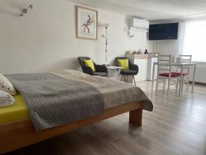 a bedroom with a bed and chairs and a kitchen at Ubytování U Truhlářů Šaldorf in Nový Šaldorf