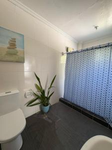 baño con aseo y ducha con planta en SJLU San Juan Treasures Beach Resort, en San Juan