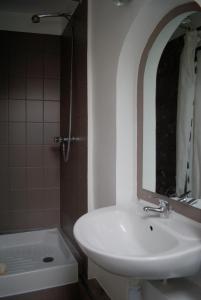 Freedomus Marne-La-Vallée "Crécy" في كْروسي لا شابيل: حمام مع حوض ومرآة وحوض استحمام