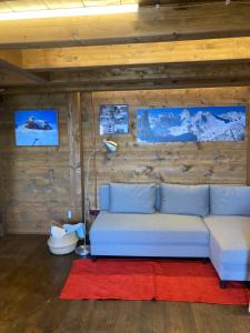 a living room with a blue couch and a red rug at La BAITA in Roccabruna