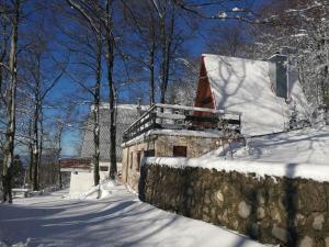 a house covered in snow next to a stone wall at Planinska kuća BRDO in Zlobin