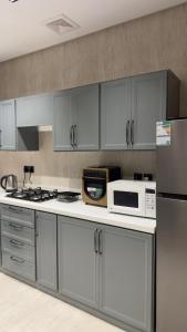 eine Küche mit grauen Schränken und einer weißen Mikrowelle in der Unterkunft Luxury Apartment for Rent Summer in Quai
