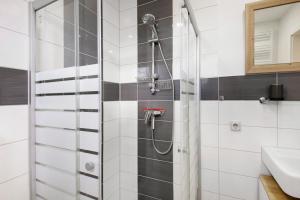a bathroom with a shower and a sink at Ferienwohnung Pfauenhof in Harztor