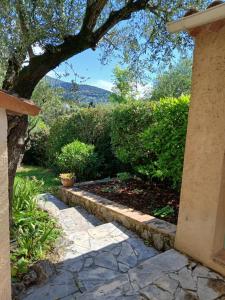 a stone walkway leading to a garden with a tree at chambre indépendante avec salle de bains privative in Grasse