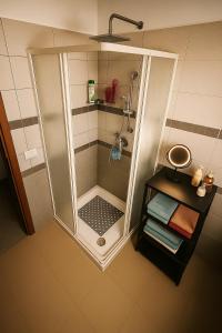 een badkamer met een douche, een wastafel en handdoeken bij Totò's GreenVillage in Monterotondo