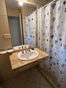 a bathroom with a sink and a shower curtain at FA Temporarios 3 - centro con garage in Corrientes +25 photos