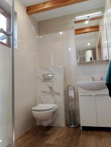 a white bathroom with a toilet and a sink at Domek pod czerwonym Dębem in Stare Kiejkuty