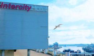 ein Vogel, der über einen Yachthafen mit einem Hotel fliegt in der Unterkunft IntercityHotel Kiel in Kiel