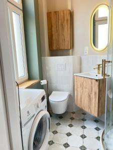 un bagno con un lavandino del water e una lavatrice di GREY Apartment 1 a Poznań