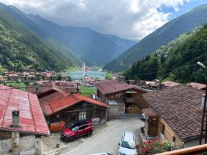 a small town with cars parked in front of a mountain at Ala Pansiyon in Çaykara