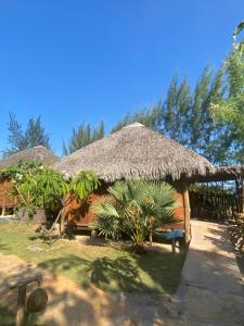 a hut with a grass roof and a bench in front at Caju Bangalôs in Ponta do Anel