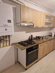a kitchen with wooden cabinets and a stove top oven at Nomad Nest in Braşov