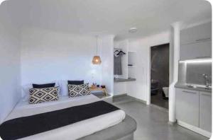 a bedroom with a large bed and a kitchen at Doras studios mykonos in Fanari