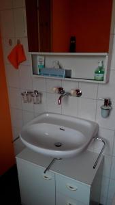 a bathroom with a white sink in a room at Neumühleweg 19 in Lauperswil +20 photos