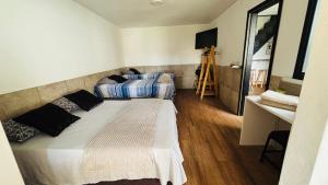 a bedroom with two beds and a desk and a mirror at TuRiStAnDo eM fLoRiPa - Espaço PRIVATIVO até 5 pessoas in Florianópolis