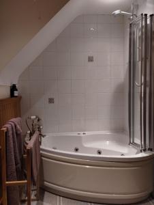 a bathroom with a bath tub with a shower at Rossclare Lodge in Enniskillen