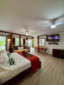 a bedroom with a large bed and a flat screen tv at Serenity - Evasion exotique avec Jardin et Piscine in Saint-François