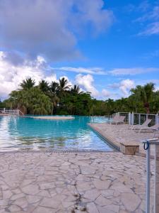 a resort swimming pool with blue water and palm trees at Serenity - Evasion exotique avec Jardin et Piscine in Saint-François