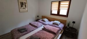 a bedroom with two beds with purple pillows and a window at Hilltop Cottage in Szentendre, mountain view, terrace, garden in Szentendre