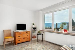 a living room with a tv and a dresser and a window at Ferienwohnung im Haus Böll in Feldberg