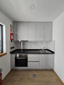 eine Küche mit weißen Schränken und einer Spüle in der Unterkunft Vivenda Branca Martinho II in Peso da Régua