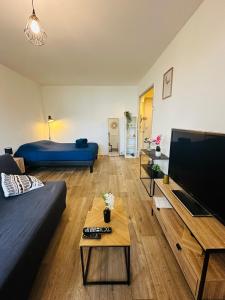 a living room with a couch and a flat screen tv at Studio Lumineux avec Balcon - Proche Gare & Centre in Montargis