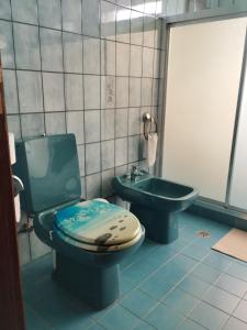W łazience znajduje się zielona toaleta i umywalka. w obiekcie Villa Rica House w mieście Negreira +37 zdjęć