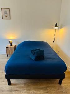 a bedroom with a blue bed with a teddy bear on it at Studio Lumineux avec Balcon - Proche Gare & Centre in Montargis