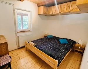 a bedroom with a bed with blue pillows on it at Két Macska Vendégház, Piliscsaba in Piliscsaba