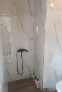 a shower with a glass door in a bathroom at Zara's Boutique near Venizelos metro station in Thessaloniki