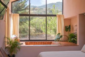 a room with a large window with a bath tub at La Cabaña Rosa in Amealco +7 photos