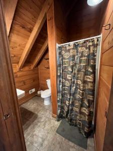a bathroom with a toilet and a shower curtain at Bear Necessities located near East Port Marina & Dale Hollow in Alpine +44 photos