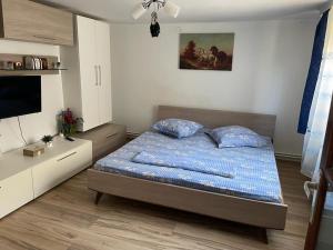 多亚马伊Căsuța Verde的一间卧室，里面有一张床和一台平板电视