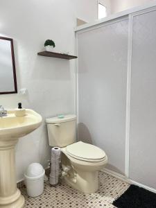 a white bathroom with a toilet and a sink at Coco apartamento centrico in Cozumel +24 photos