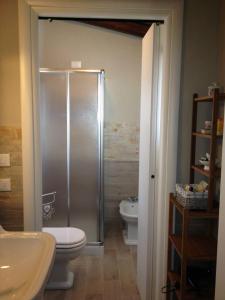 a bathroom with a shower and a toilet and a sink at La Corte del Borgo in Valverde Pavia