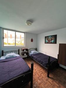 a bedroom with two beds and two windows at Hospedaje Casa Azul in Mexico City