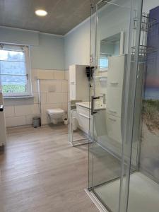 a bathroom with a shower and a sink and a toilet at Ferienwohnung Hochwaldblick 4 in Morbach