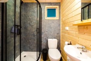 a bathroom with a toilet and a sink and a shower at VIKING Gąski in Gąski +87 photos