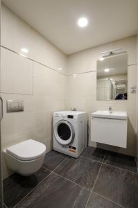 ein Badezimmer mit Waschmaschine und Waschbecken in der Unterkunft Harmony106 in Prag + 14 Fotos