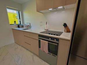 a kitchen with a sink and a stove top oven at Cosy City Centre Studio in Christchurch +4 photos