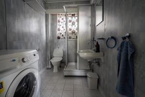 a bathroom with a washing machine and a sink at Haugane in Selje
