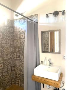 a bathroom with a sink and a mirror and a shower at El Callejón PLATA in Real de Catorce